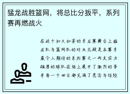 猛龙战胜篮网，将总比分扳平，系列赛再燃战火